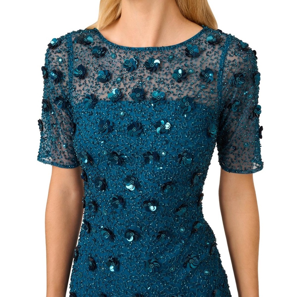 Adrianna Papell Teal Floral Embellished Dress